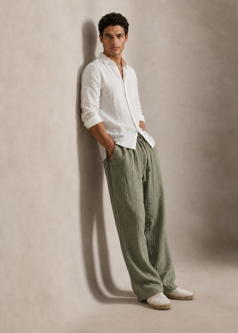 Van Gogh Linen Trousers. Color: Army Green