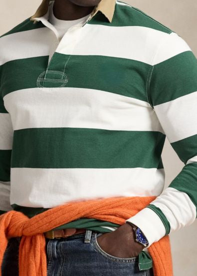 Camisa de Rugby Listrada com Gola Cáqui