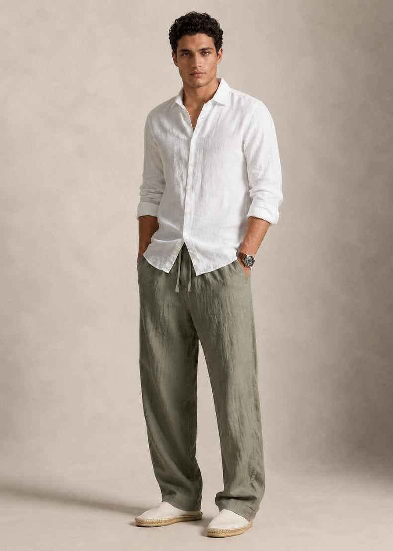 Van Gogh Linen Trousers. Color: Army Green